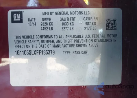 2015 Chevrolet Malibu 1Lt from USA, damaged, VIN 1G11C5SLXFF185379